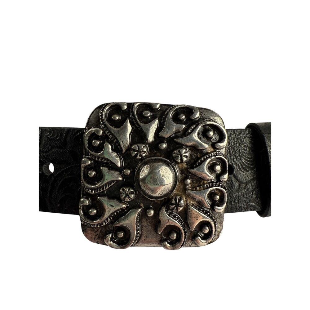 Sandy Duftler Designs Vintage‎ Genuine Leather Black Embossed Silver Art Buckle